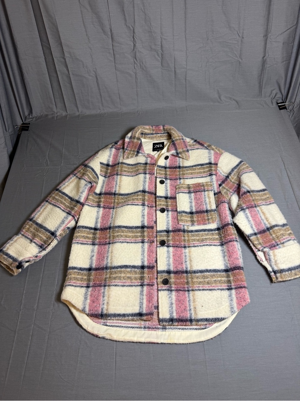 ZARA Checked Shacket in Cream, Pink & Navy